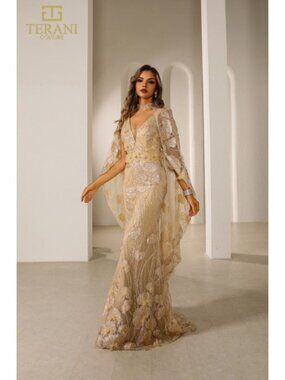 Clearance Light Gold Mother of Bride Wedding Cape Long Evening Dress By 251M4326